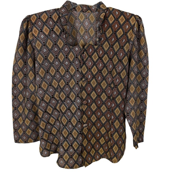 Vintage Gold Brown Geometric Patterned Synch Blouse S - Picture 1 of 3